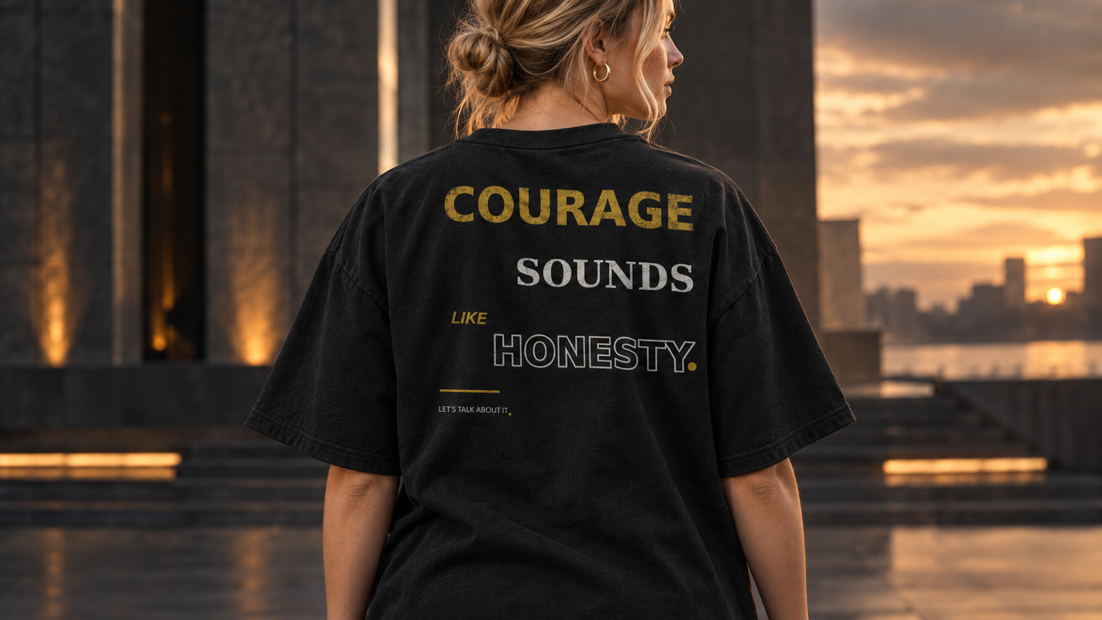 White model wearing the Courage Sounds Like Honesty statement tee in Black