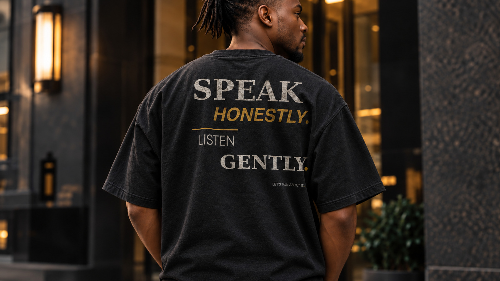 Black model wearing the Speak Honestly Listen Gently statement tee in Black